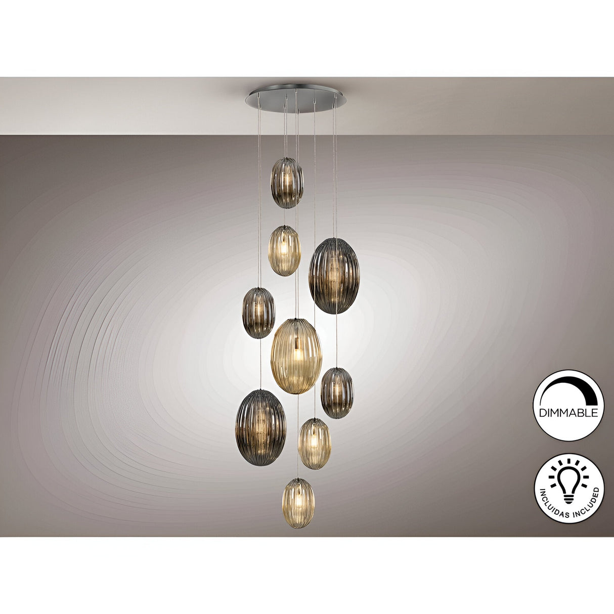 Ovila 9 Light Glass Cluster Pendant - Smoked Black/Brandy