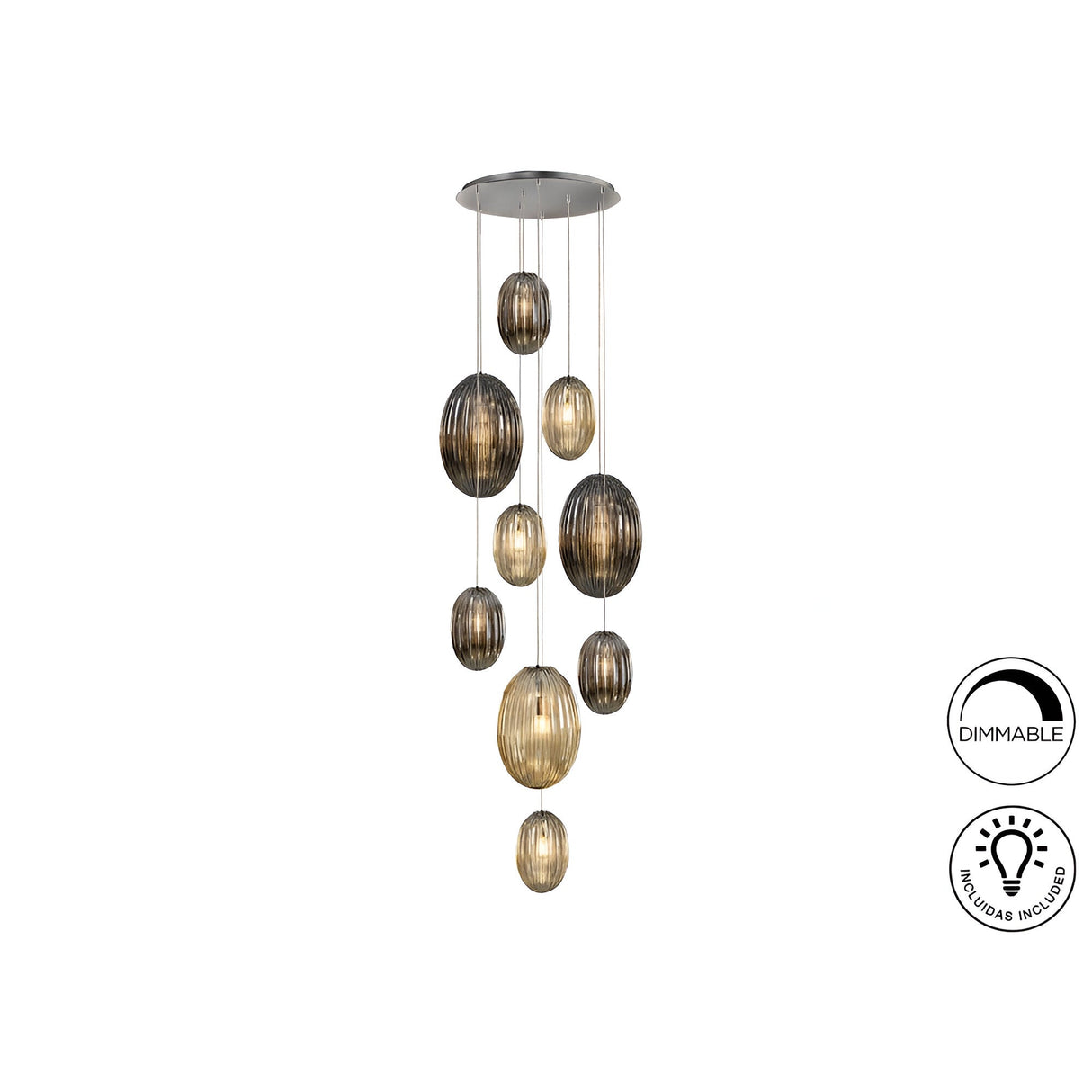 Ovila 9 Light Glass Cluster Pendant - Smoked Black/Brandy