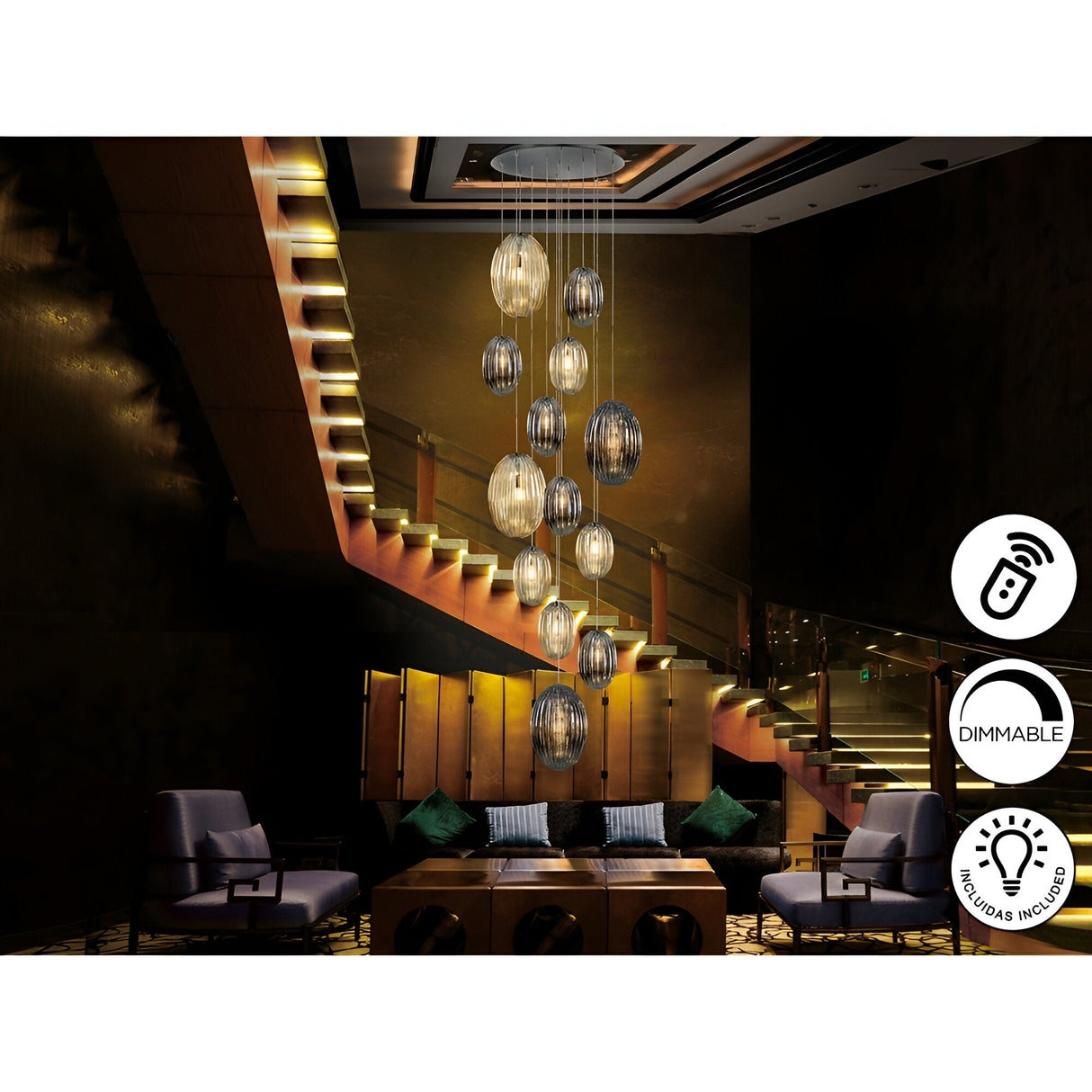 Ovila 13 Light Glass Cluster Pendant - Smoked Black/Brandy (With Remote Control)