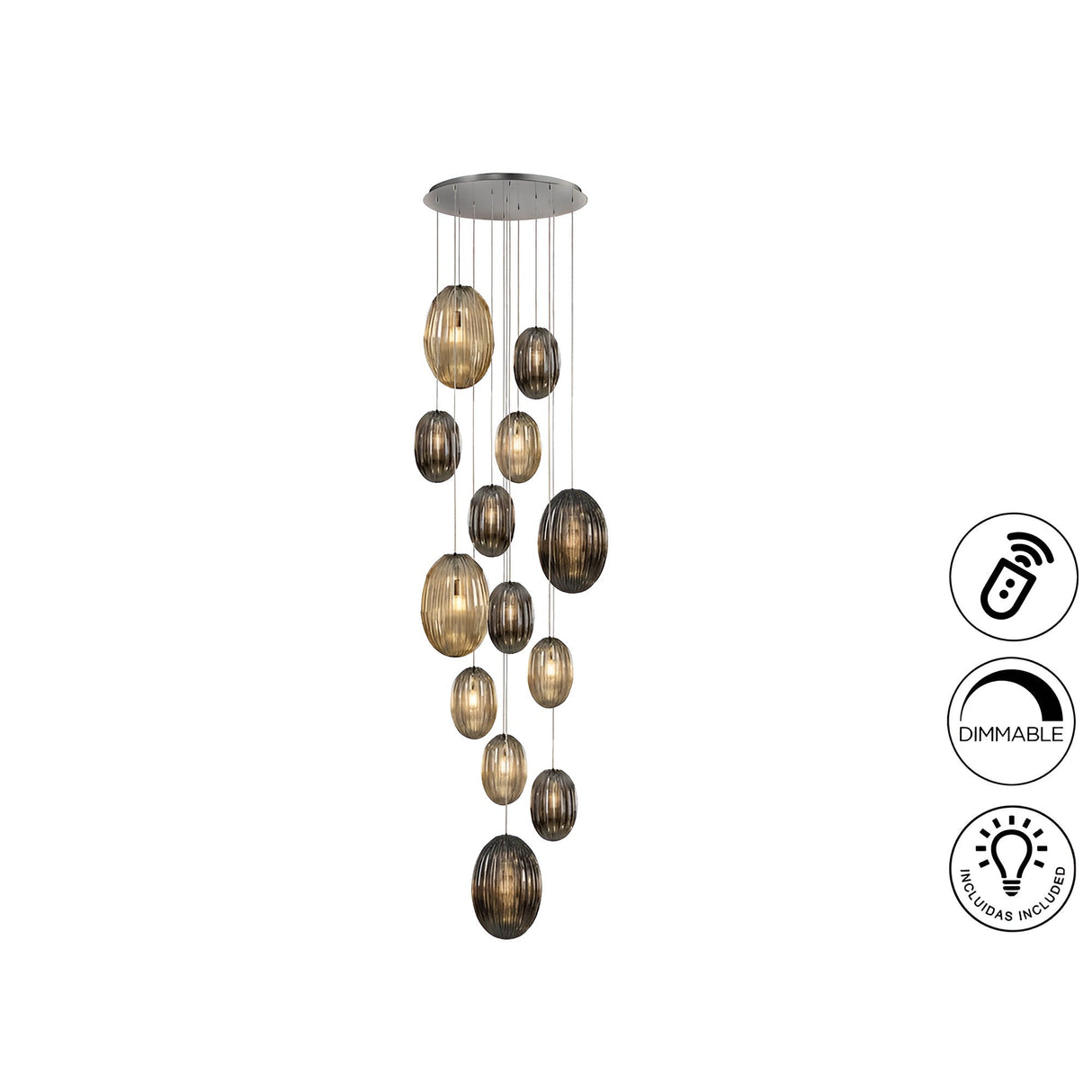 Ovila 13 Light Glass Cluster Pendant - Smoked Black/Brandy (With Remote Control)
