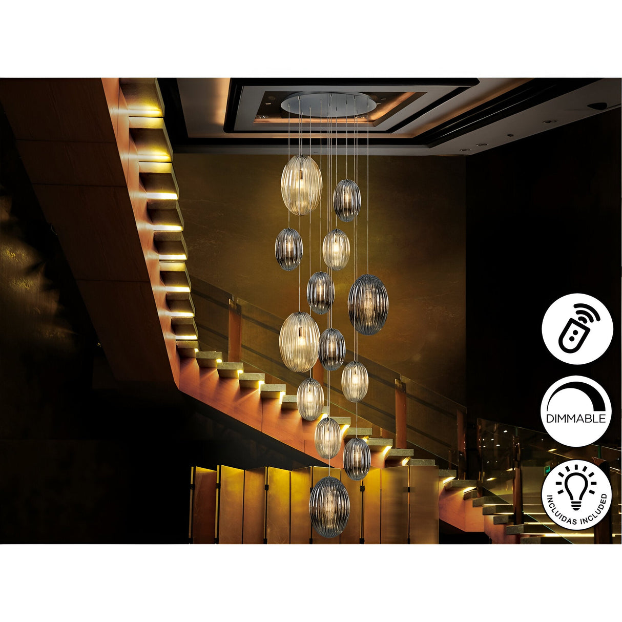 Ovila 13 Light Glass Cluster Pendant - Smoked Black/Brandy (With Remote Control)