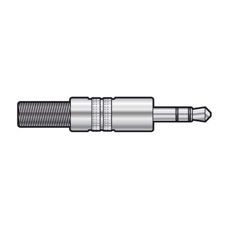 QTX 3.5mm stereo jack plug by AVSL with chrome metal barrel, knurled grip bands and spring cable protector, shown on a plain white background.