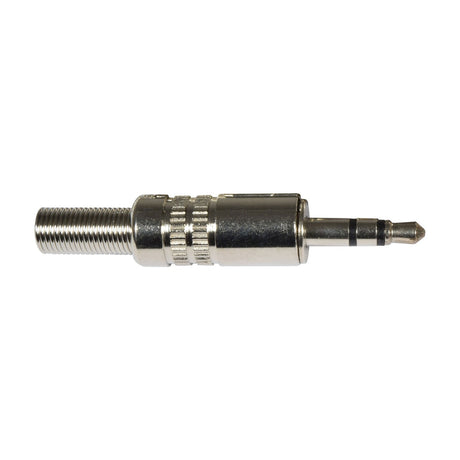 QTX 3.5mm stereo jack plug by AVSL with chrome metal barrel, knurled grip and spring cable protector, shown side-on against a white background.