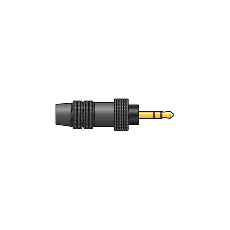 QTX 3.5mm stereo jack plug with black metal threaded body, gold-plated tip, ring and sleeve contacts, shown on a plain white background.