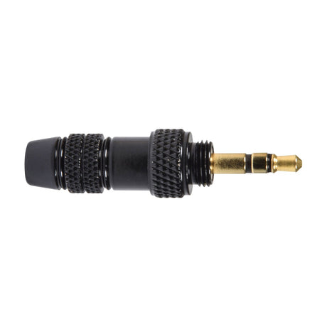QTX 3.5mm stereo jack connector by AVSL with black knurled metal body, gold-plated tip, ring and sleeve contacts, and threaded cable entry housing.