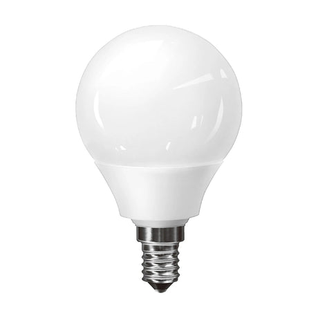 E14 Golf Ball LED Bulb, 2W 4000K, opal white glass globe with silver-tone screw cap, shown on a plain white background.