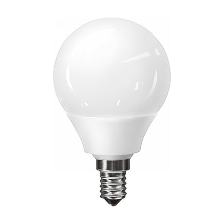 Golf ball shaped LED bulb with opal white finish and polished chrome E14 screw cap, 2W 3000K warm white, shown on a plain white background.