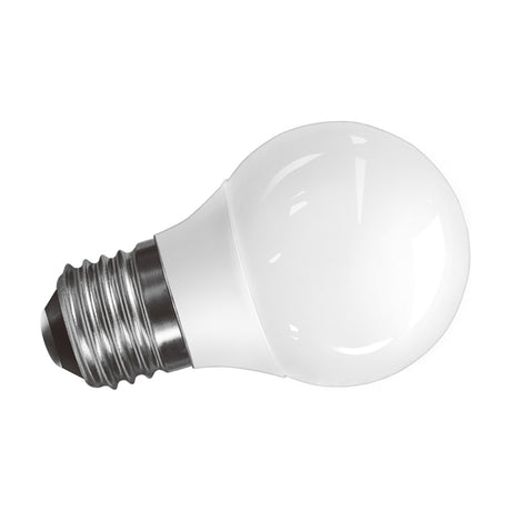 E27 golf ball LED bulb in opal white with a polished chrome screw cap base, 45mm round shape, shown on a plain white background.