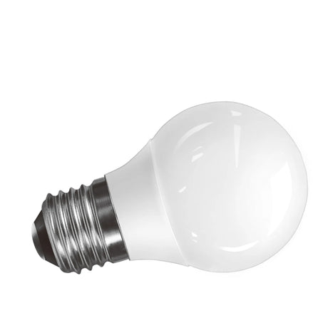 Value E27 2W golf ball light bulb, 45mm opal white glass with chrome screw cap base, 4000K, shown at an angle on a plain white background.
