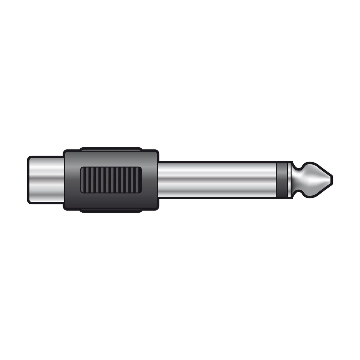 QTX RCA phono socket to 6.3mm mono jack plug adaptor with black moulded grip and nickel-plated metal connectors, shown on a plain white background.