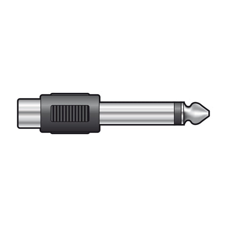 QTX RCA phono socket to 6.3mm mono jack plug adaptor with black moulded grip and nickel-plated metal connectors, shown on a plain white background.