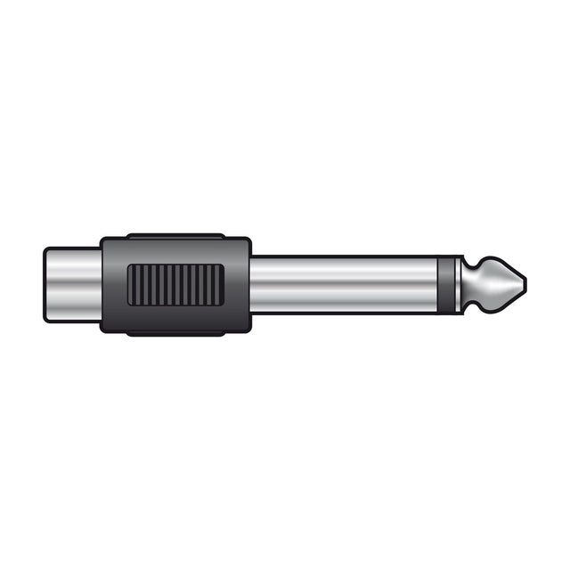 QTX RCA phono socket to 6.3mm mono jack plug adaptor with black moulded grip and nickel-plated metal connectors, shown on a plain white background.