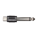 QTX RCA phono socket to 6.3mm mono jack plug adaptor with black grip and nickel-plated metal barrel, shown on a plain white background.