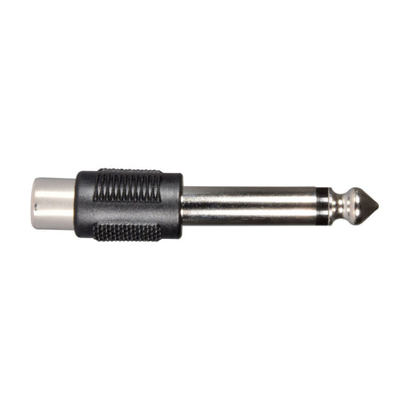 QTX RCA phono socket to 6.3mm mono jack plug adaptor with black grip and nickel-plated metal barrel, shown on a plain white background.