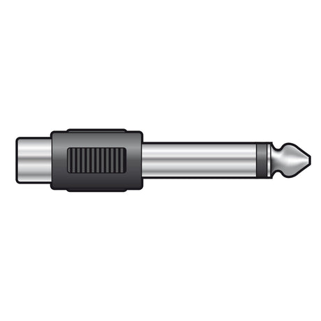 Depiction of the QTX Adaptor RCA Phono Socket - 6.3mm Mono Jack Plug featuring a black plastic grip and metallic connectors at both ends, perfect for connecting audio equipment. This adapter is expertly designed to handle unbalanced mono audio signals seamlessly against a plain white background.