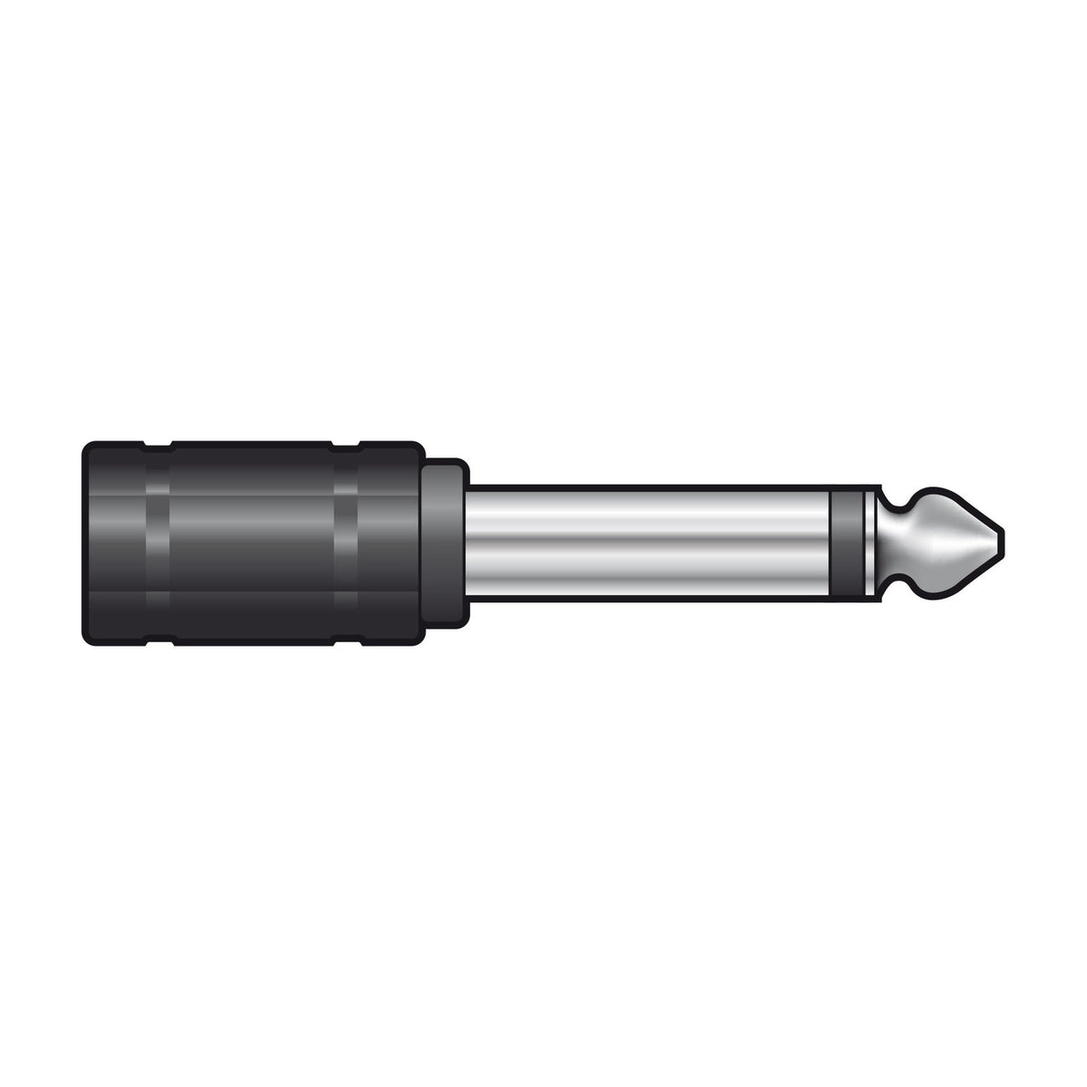 QTX 6.3mm mono jack plug to 3.5mm mono jack socket adaptor by AVSL, with nickel-plated metal plug and black barrel housing, on a plain background.