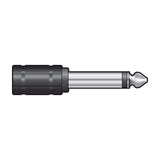 QTX 6.3mm mono jack plug to 3.5mm mono jack socket adaptor by AVSL, with nickel-plated metal plug and black barrel housing, on a plain background.