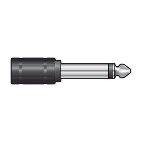 QTX 6.3mm mono jack plug to 3.5mm mono jack socket adaptor by AVSL, with nickel-plated metal plug and black barrel housing, on a plain background.