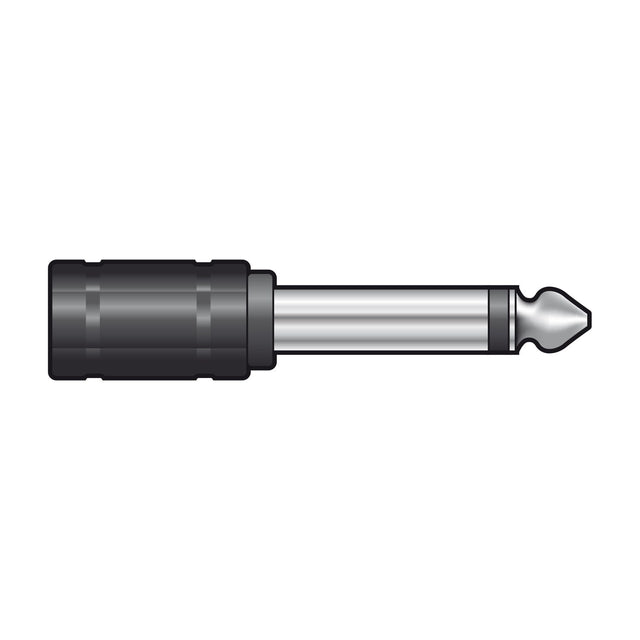 QTX 6.3mm mono jack plug to 3.5mm mono jack socket adaptor by AVSL, with nickel-plated metal plug and black barrel housing, on a plain background.