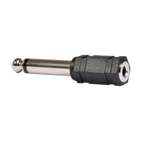 QTX 6.3mm mono jack plug to 3.5mm mono jack socket adaptor by AVSL, with nickel-plated plug and black moulded housing, on a white background.
