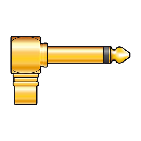 QTX 6.3mm mono jack plug to RCA socket right-angled adaptor by AVSL in gold-plated metal, shown side-on against a plain white background.