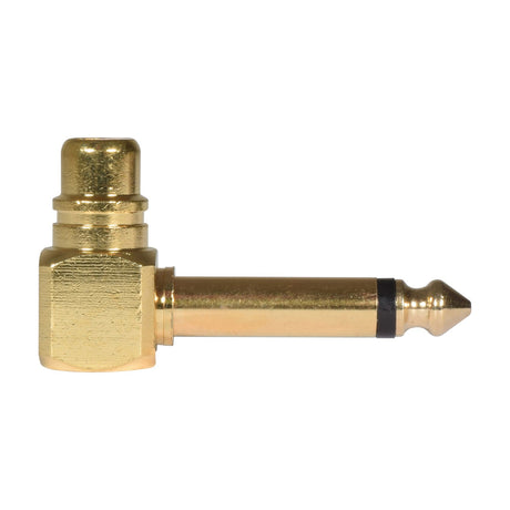 QTX 6.3mm mono jack plug to RCA socket right-angled adaptor in gold-plated metal with black insulator ring, shown on a plain white background.