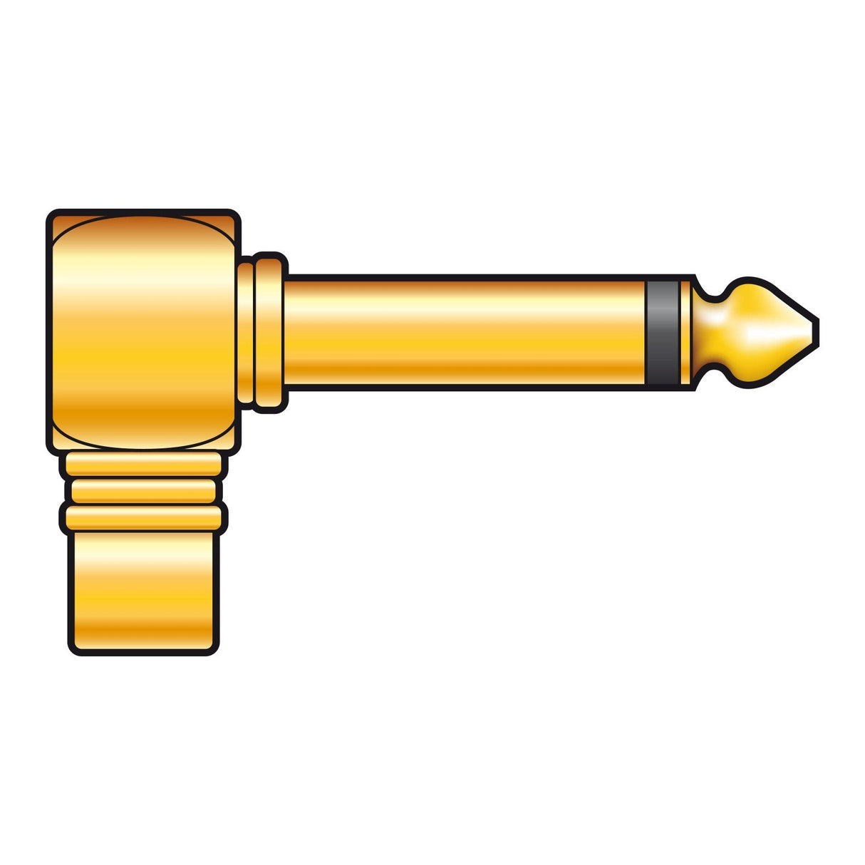 Illustration of a QTX Adaptor 6.3mm Mono Jack Plug - RA RCA Socket, featuring a gold mono jack plug connector with a shiny finish and a black band near the tip, designed for unbalanced mono audio signals, shown on a white background.