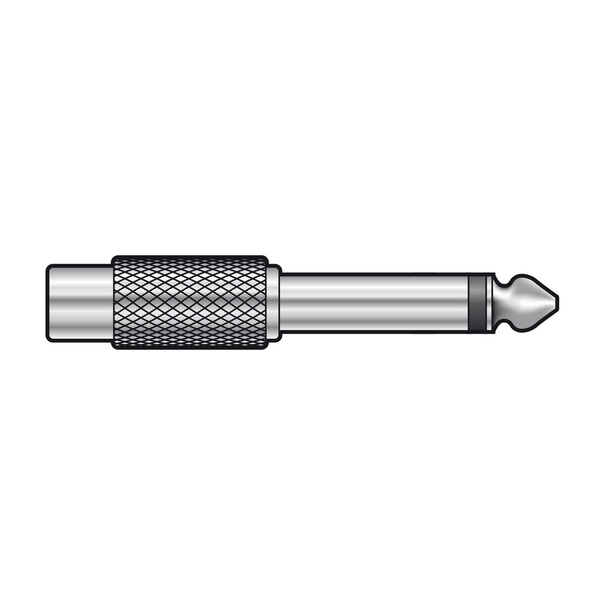QTX 6.3mm mono jack plug to RCA socket adaptor by AVSL, with knurled metal grip and nickel-plated connectors, shown on a plain white background.
