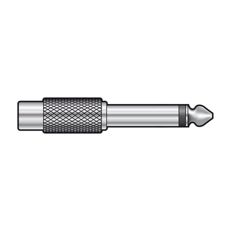 QTX 6.3mm mono jack plug to RCA socket adaptor by AVSL, with knurled metal grip and nickel-plated connectors, shown on a plain white background.
