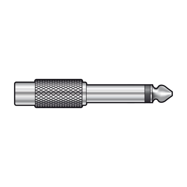 QTX 6.3mm mono jack plug to RCA socket adaptor by AVSL, with knurled metal grip and nickel-plated connectors, shown on a plain white background.