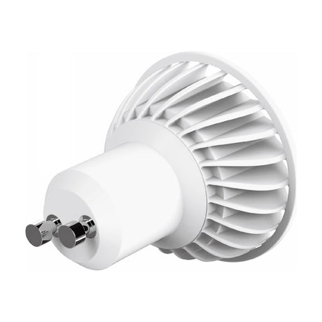 PowerLED GU10 4W LED spot bulb with white finned heat sink body, clear front lens, and chrome GU10 twist cap, shown on a plain white background.