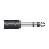 QTX 6.3mm stereo jack plug to 3.5mm socket adaptor with black barrel body and silver metal jack tip, shown on a plain white background.