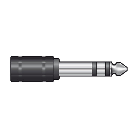 QTX 6.3mm stereo jack plug to 3.5mm socket adaptor with black barrel body and silver metal jack tip, shown on a plain white background.
