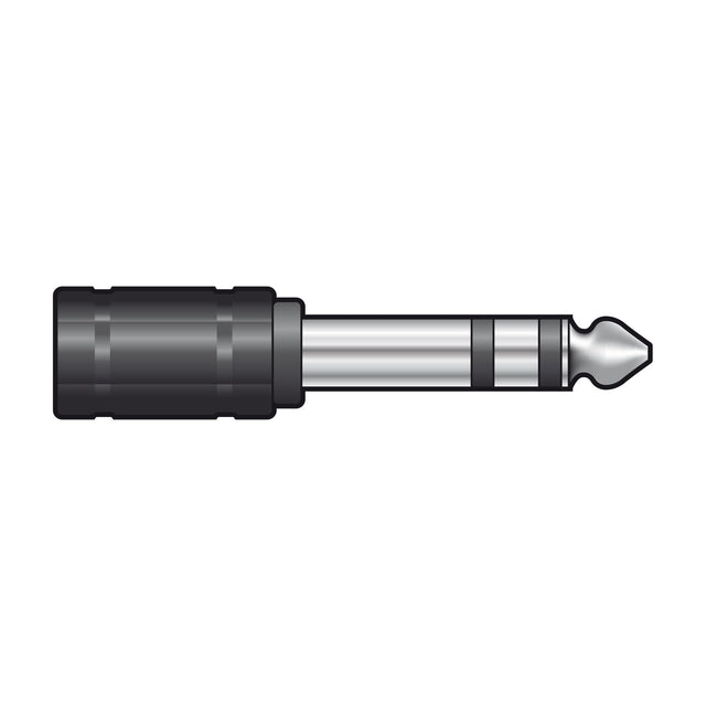QTX 6.3mm stereo jack plug to 3.5mm socket adaptor with black barrel body and silver metal jack tip, shown on a plain white background.