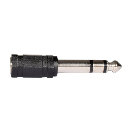 QTX 6.3mm stereo jack plug to 3.5mm socket adaptor with black moulded barrel and silver metal connector, shown on a plain white background.