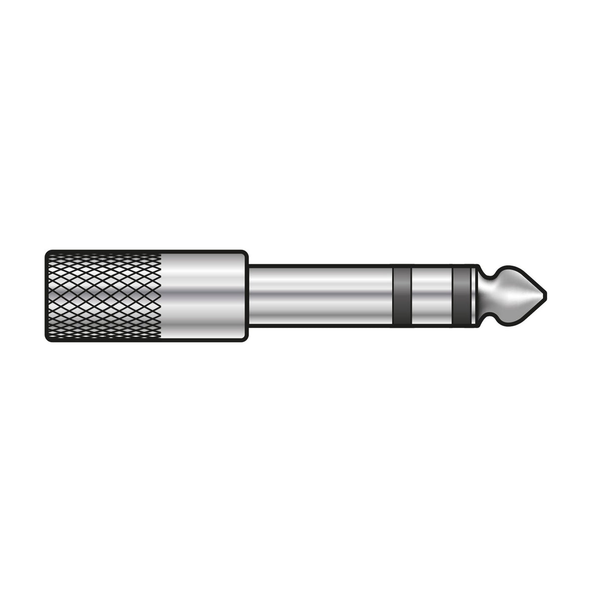 QTX 6.3mm jack plug to 3.5mm stereo socket adaptor with knurled metal barrel and nickel-plated finish, shown on a plain white background.