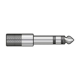 QTX 6.3mm jack plug to 3.5mm stereo socket adaptor with knurled metal barrel and nickel-plated finish, shown on a plain white background.