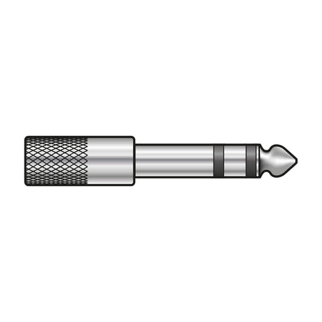 QTX 6.3mm jack plug to 3.5mm stereo socket adaptor with knurled metal barrel and nickel-plated finish, shown on a plain white background.
