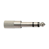 QTX 6.3mm jack plug to 3.5mm stereo socket adaptor by AVSL, nickel-plated metal body with knurled grip barrel, shown on a plain white background.