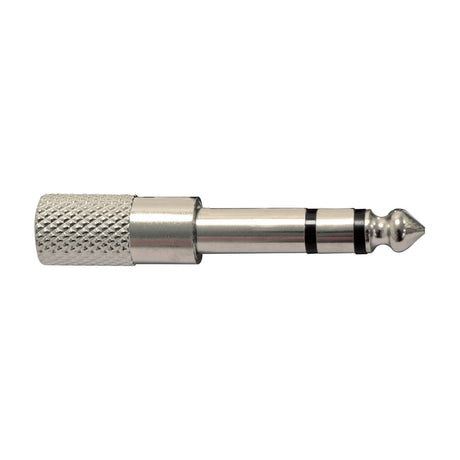 QTX 6.3mm jack plug to 3.5mm stereo socket adaptor by AVSL, nickel-plated metal body with knurled grip barrel, shown on a plain white background.