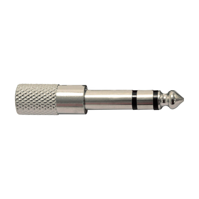 QTX 6.3mm jack plug to 3.5mm stereo socket adaptor by AVSL, nickel-plated metal body with knurled grip barrel, shown on a plain white background.