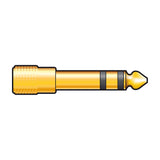 QTX 6.3mm stereo jack plug to 3.5mm stereo jack socket adaptor with knurled gold barrel and black insulation rings, shown on a plain background.