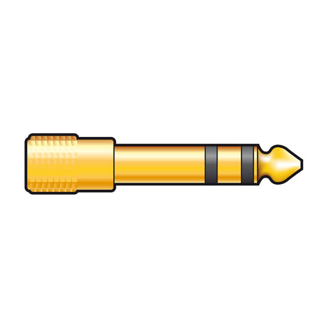 QTX 6.3mm stereo jack plug to 3.5mm stereo jack socket adaptor with knurled gold barrel and black insulation rings, shown on a plain background.