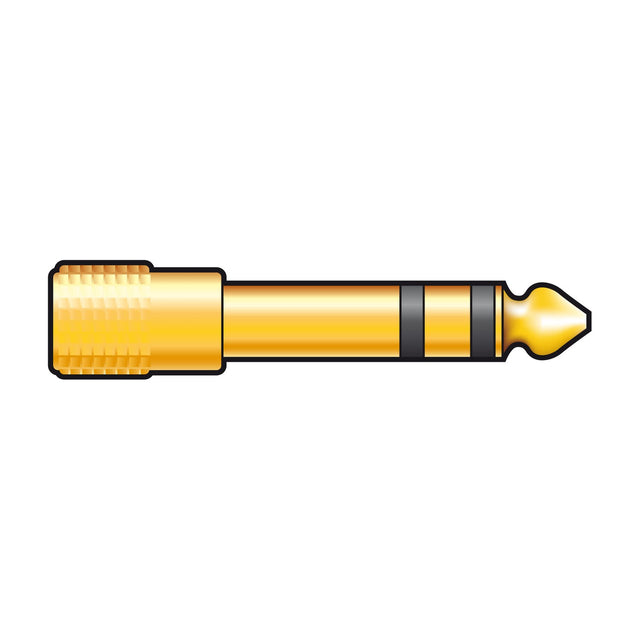 QTX 6.3mm stereo jack plug to 3.5mm stereo jack socket adaptor with knurled gold barrel and black insulation rings, shown on a plain background.