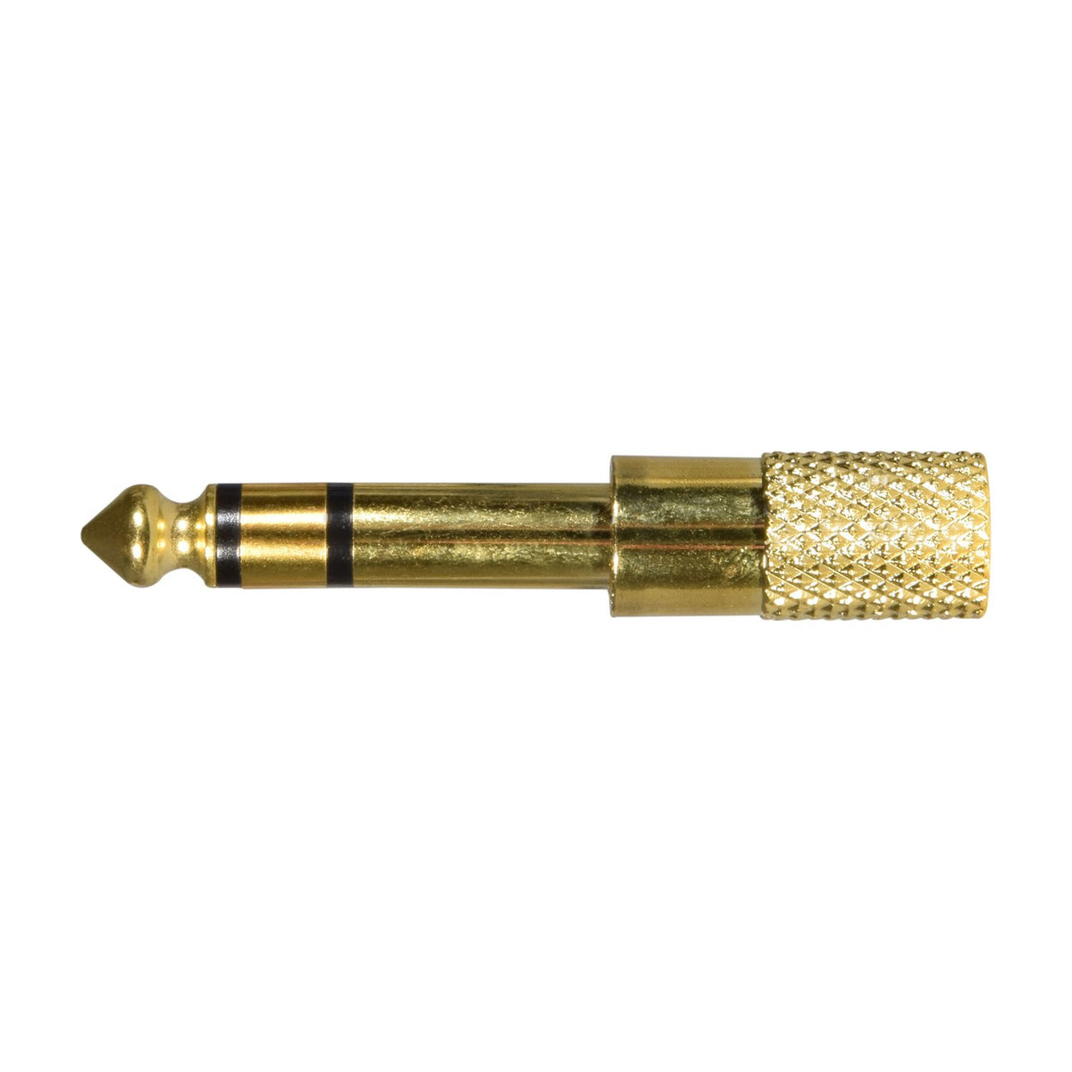QTX 6.3mm to 3.5mm stereo jack adaptor with gold-plated metal body and knurled grip, shown on a plain white background.