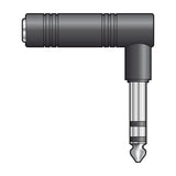 QTX 6.3mm right-angle stereo jack plug to socket adaptor with black metal body and silver plug, shown on a plain white background.
