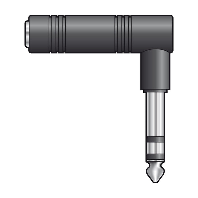 QTX 6.3mm right-angle stereo jack plug to socket adaptor with black metal body and silver plug, shown on a plain white background.