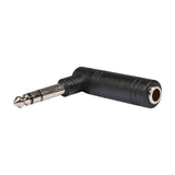 QTX 6.3mm right-angle stereo jack plug to socket adaptor with black body and nickel plug, shown on a plain white background.