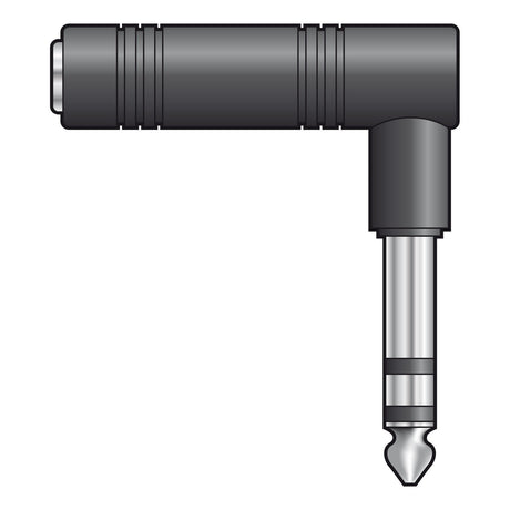 The QTX Adaptor 6.3mm RA Stereo Jack Plug - 6.3mm Stereo Jack Socket features a right-angle audio adapter design with a black body and silver tip, highlighted by two black rings. Its predominantly L-shaped structure allows the plug to connect at a 90-degree angle, ensuring clear audio signals every time.