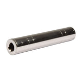 QTX 6.3mm stereo jack socket to socket coupler by AVSL, a chrome metal inline connector with knurled female TRS ends, shown on a white background.